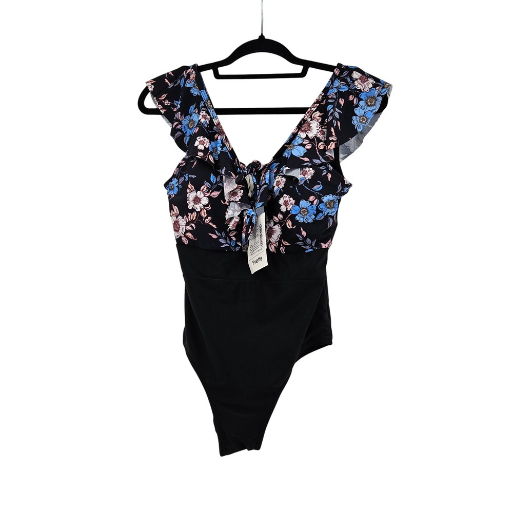 Floral Ruffle One‎ Piece Swimsuit Black Sz S Vacation Beach Cruise Pool